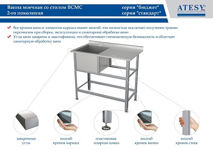Ванна со столом ВСМС-Б-1Л.600-1350.750-1-02 (ВМС-1/600 с бортом) - 1